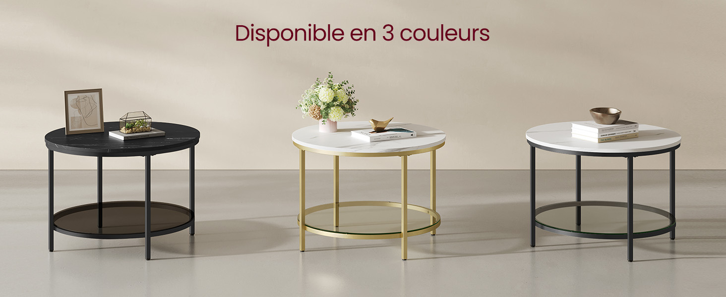Trois tables basses rondes aux finitions noire, dorée et blanche. Le texte indique la disponibilité en 3 couleurs.