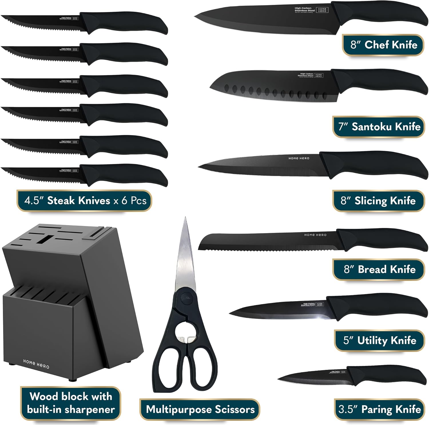 Home Hero - Set de couteaux cuisine 16 pcs inox, bloc inclus, noir