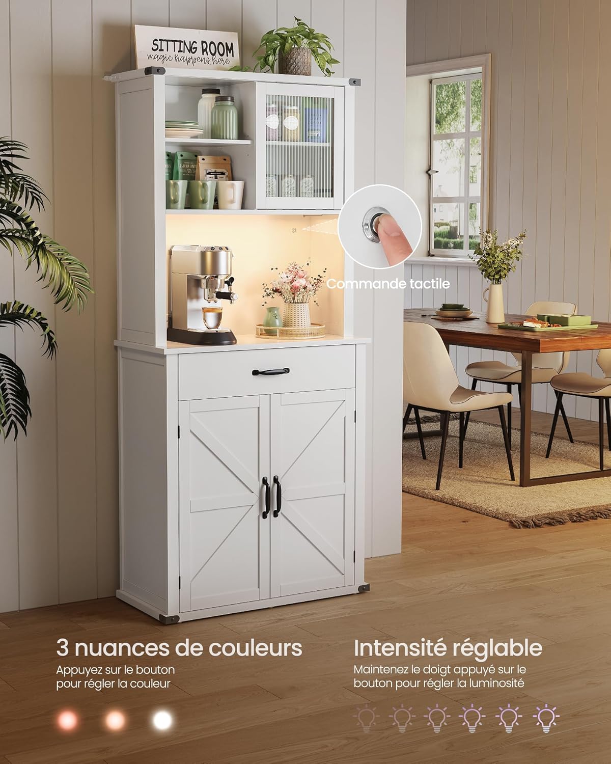 VASAGLE - meuble de rangement cuisine - 39,5x80,4x180,6cm - lumières, chargeur, portes, tiroirs, étagères réglables BBK3