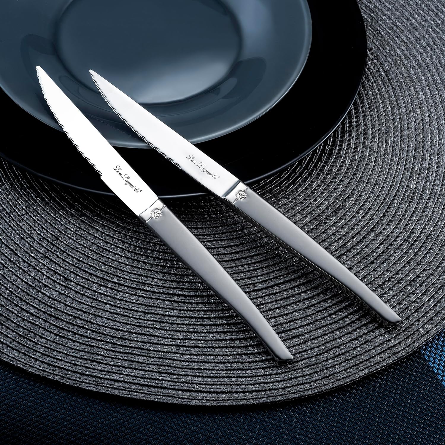 Lou Laguiole - Jet - 9x5x12 cm - Bloc acacia, 6 couteaux steak inox 13 C