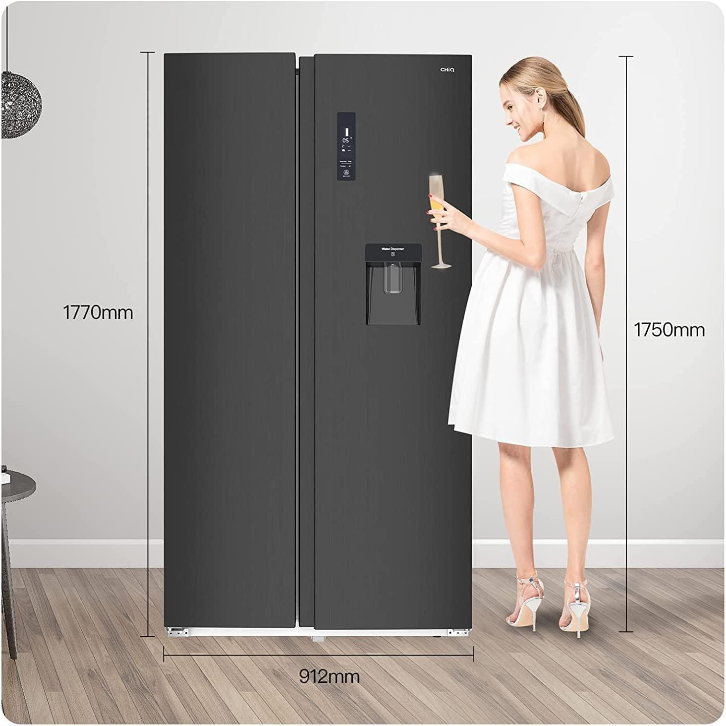 CHIQ - Réfrigérateur américain, 559L, inox noir, no frost, distributeur d'eau, FSS559NEI42D