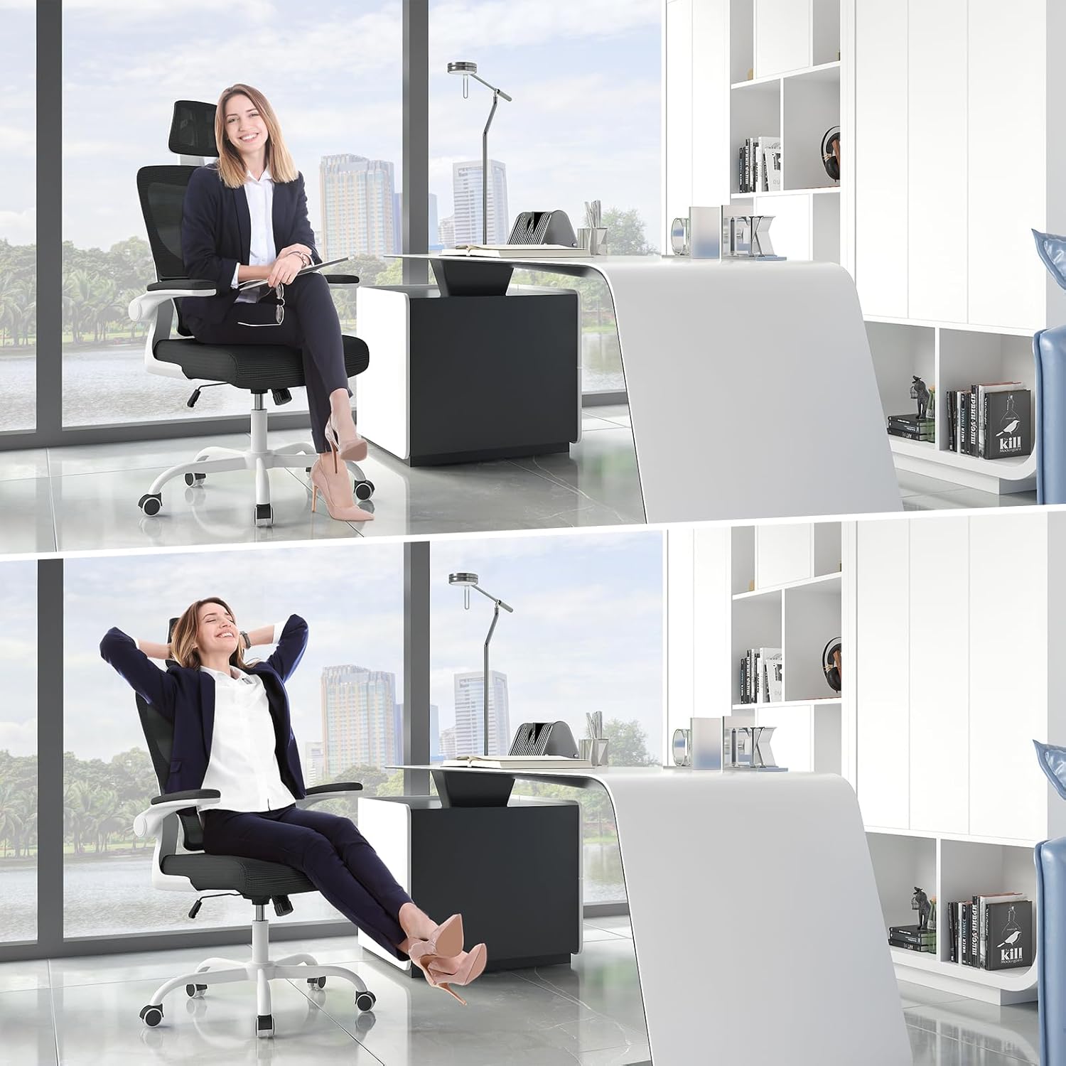 Chaise de bureau ergonomique - support lombaire C - réglable, maille, noir/blanc, appui-tête, accoudoirs réversibles