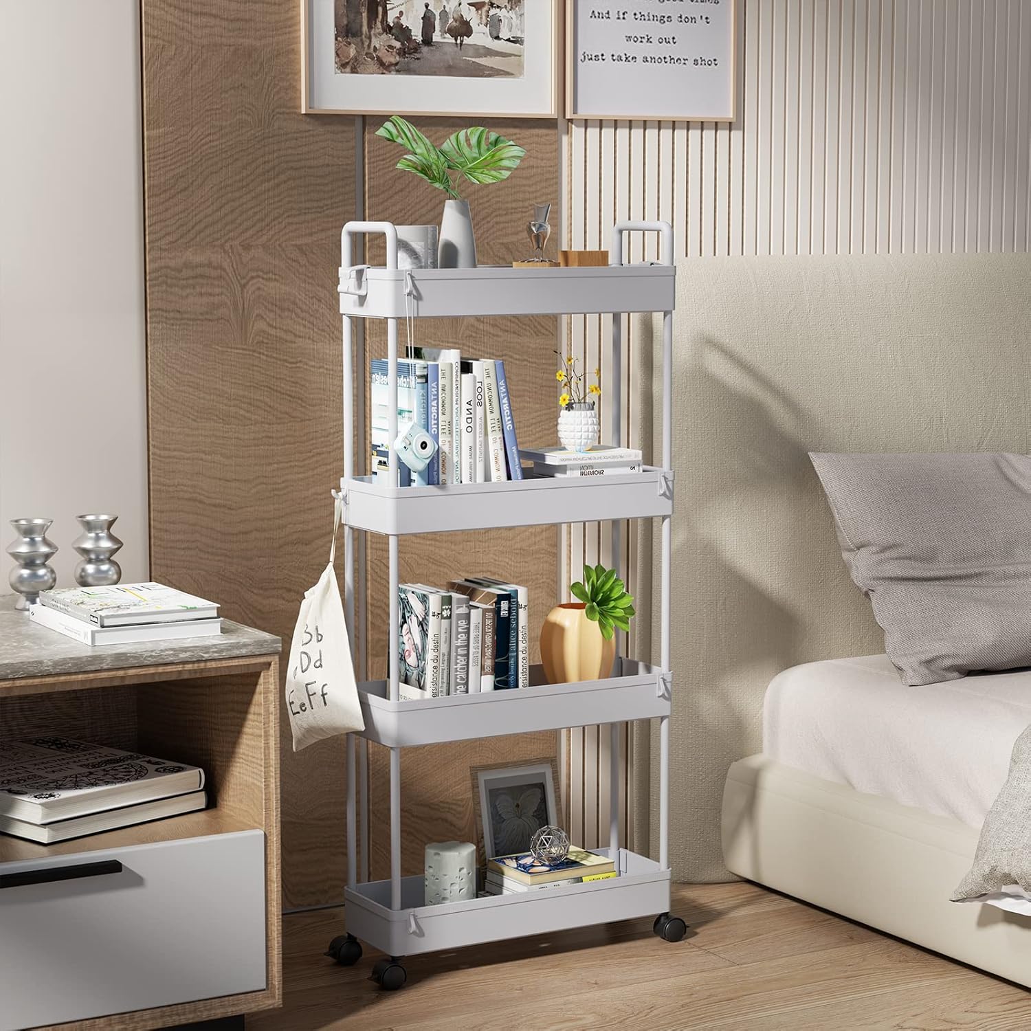 SOLEJAZZ – Chariot rangement 4 niveaux, plastique gris, mobile, cuisine/salle de bain/linge
