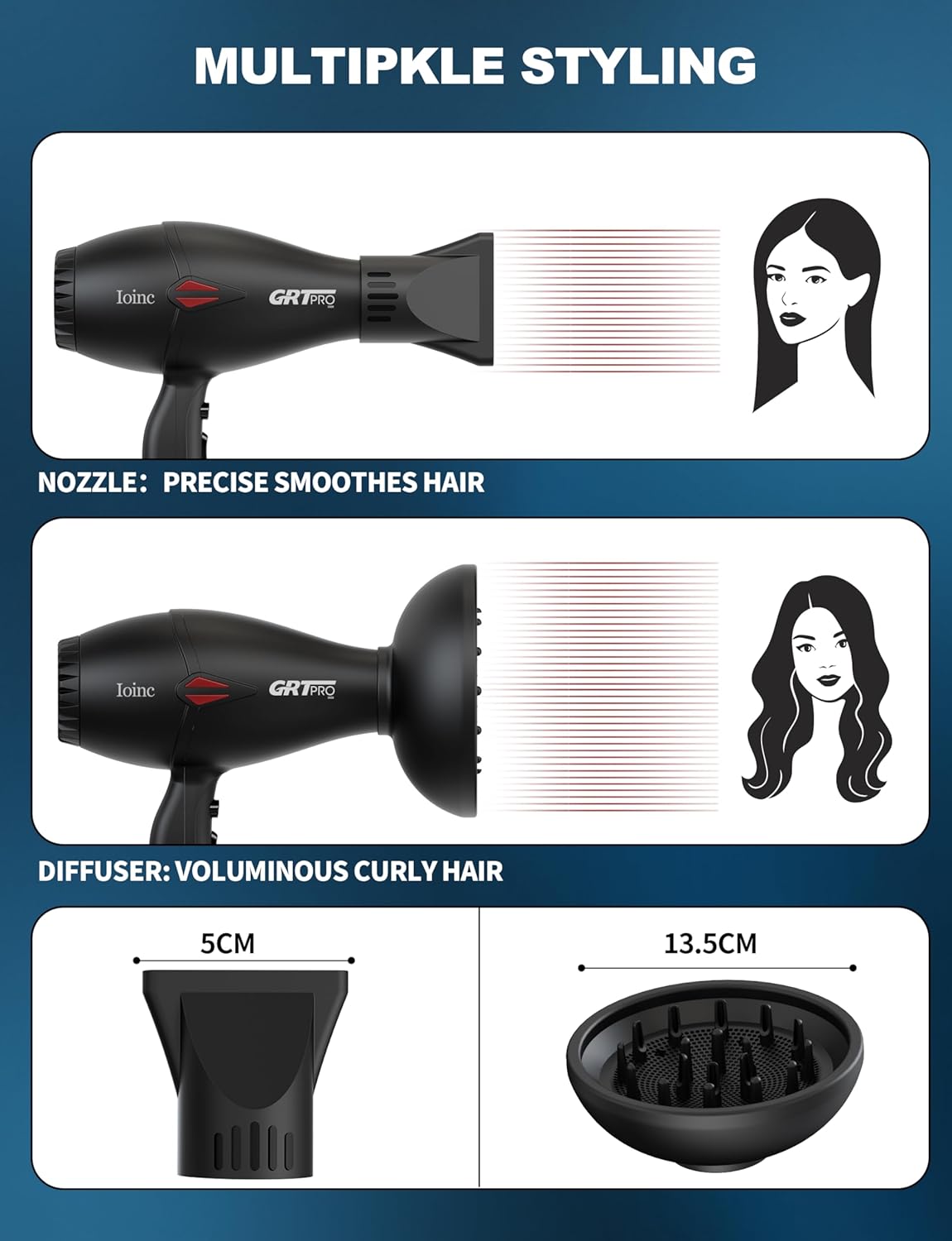 Sèche-cheveux professionnel 2400W, ionique, 3 températures, 2 vitesses, AC Motor