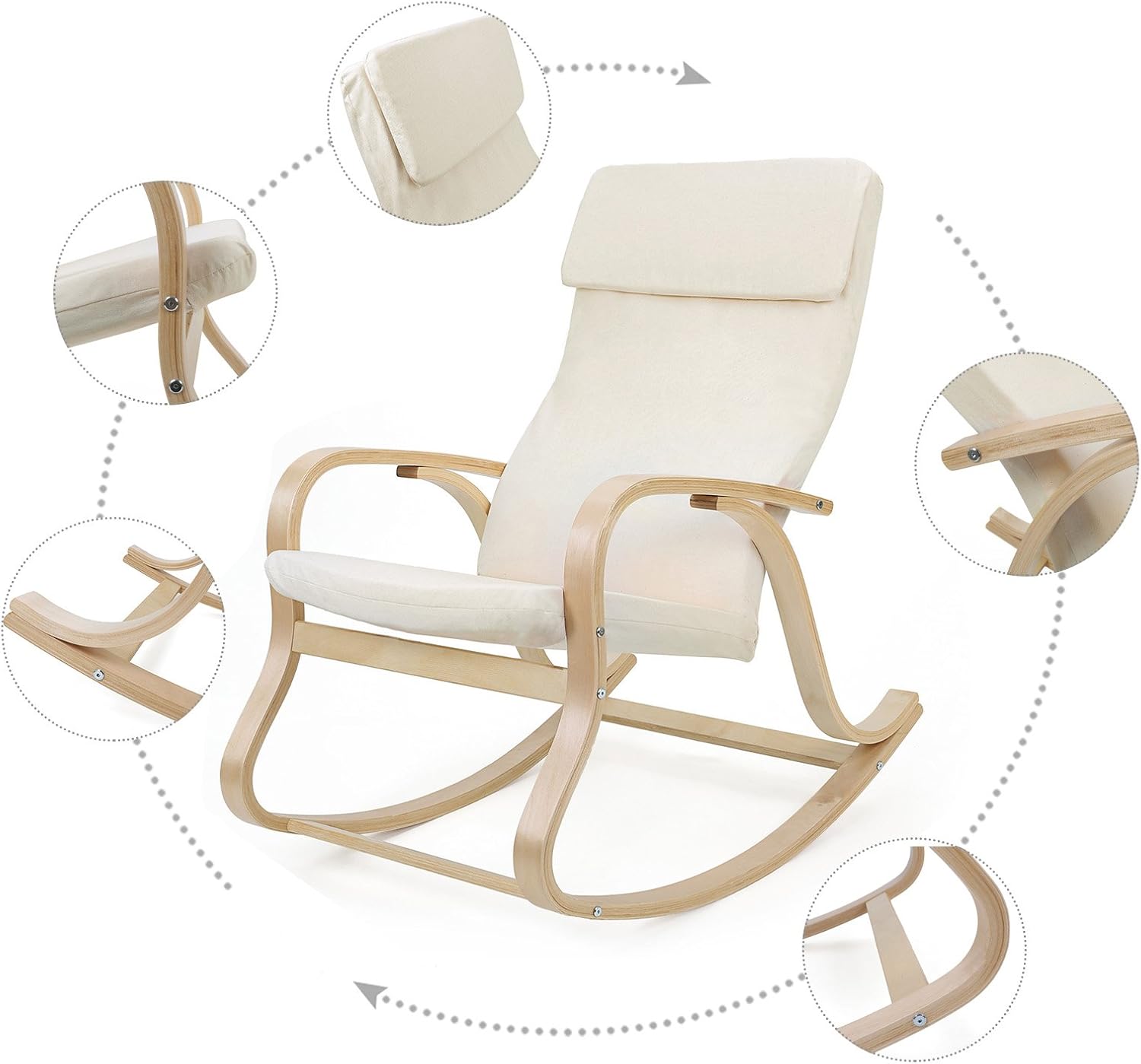 SONGMICS - fauteuil à bascule, imitation lin, 120kg, accoudoirs bois, LYY30M