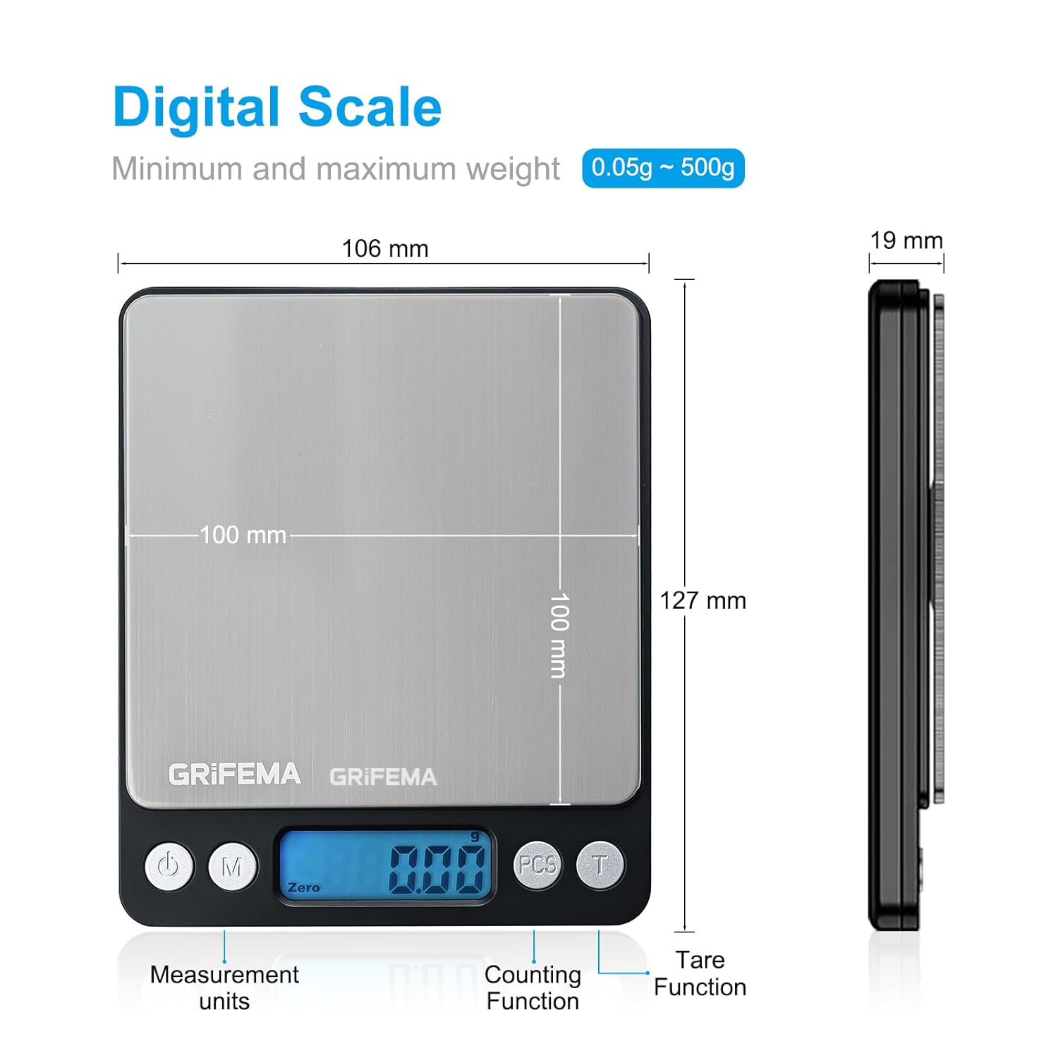 Grifema - GA2003 - 10x10cm - balance cuisine, précision 0,01g, tare, LCD