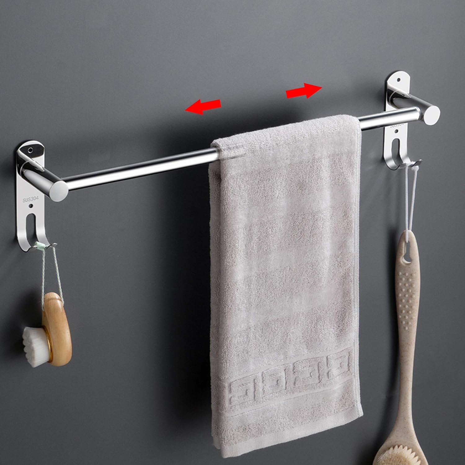 Porte-serviettes mural rétractable inox, 1 couche, adhésif, argent