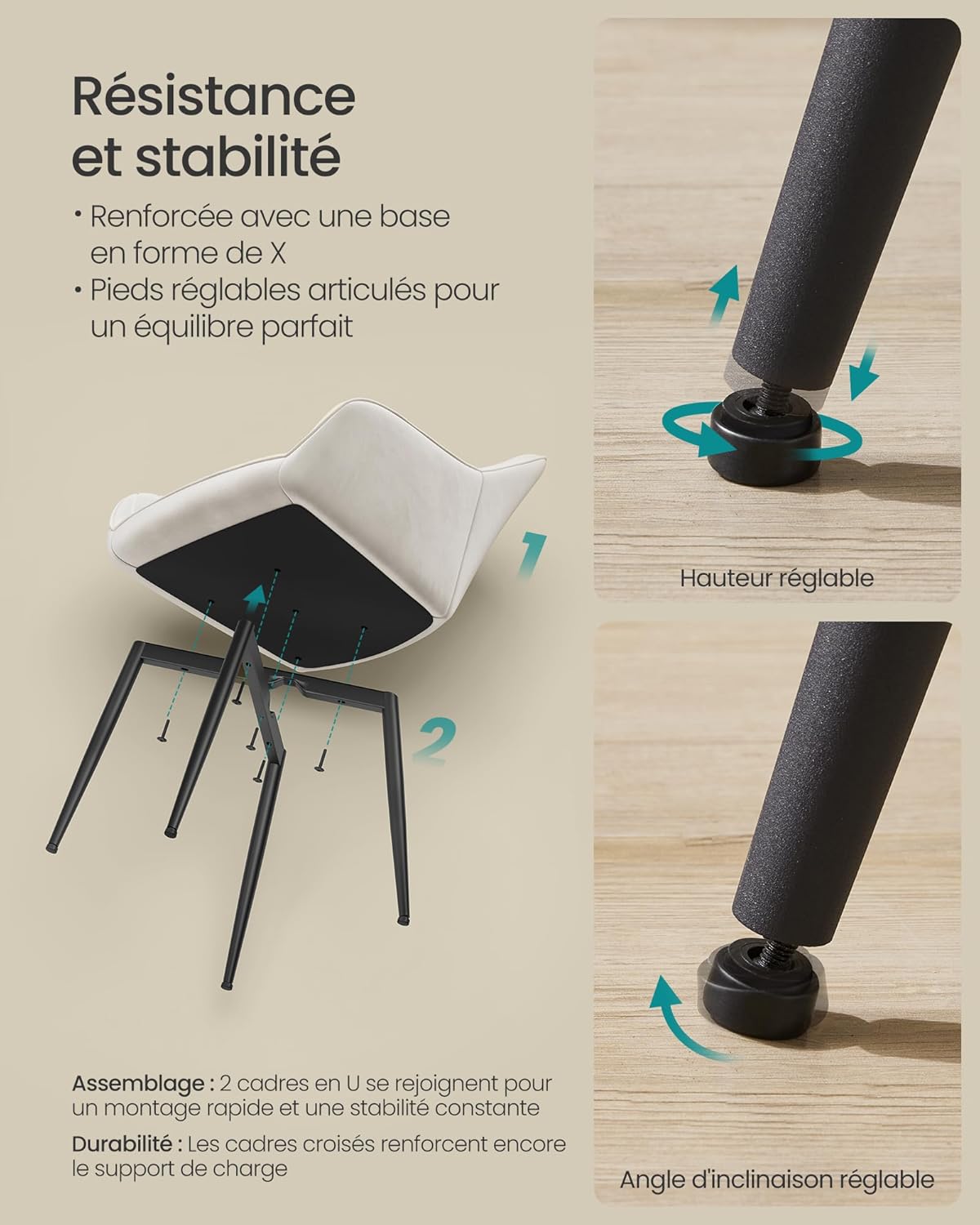 SONGMICS - Chaise salle à manger lot de 2, velours, accoudoirs, pieds métal, 120 kg, beige cappuccino/noir, LDC087W12