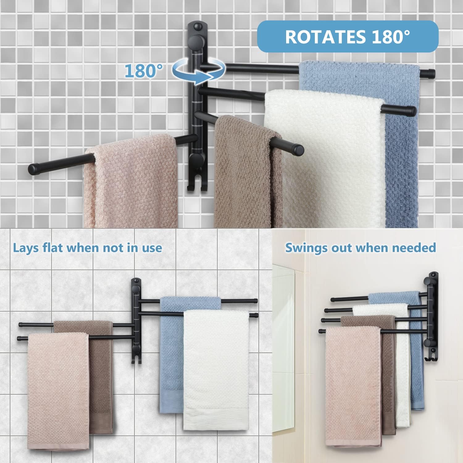 JSVER - Porte-serviettes 4 barres rotatives 180°, acier inox, mural, 42cm