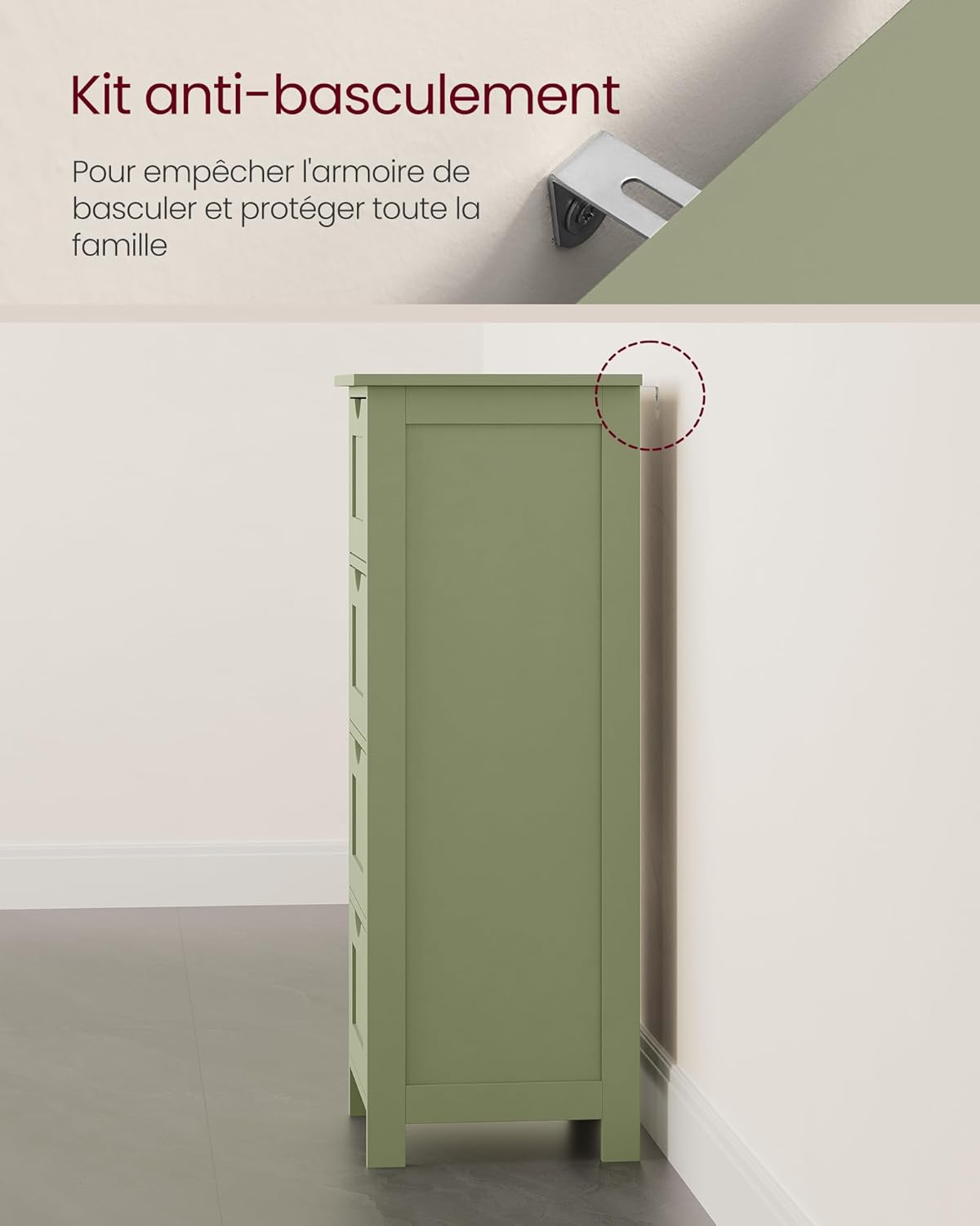 VASAGLE - meuble salle de bain, 4 tiroirs, 30x30x82 cm, vert olive, LHC040C02