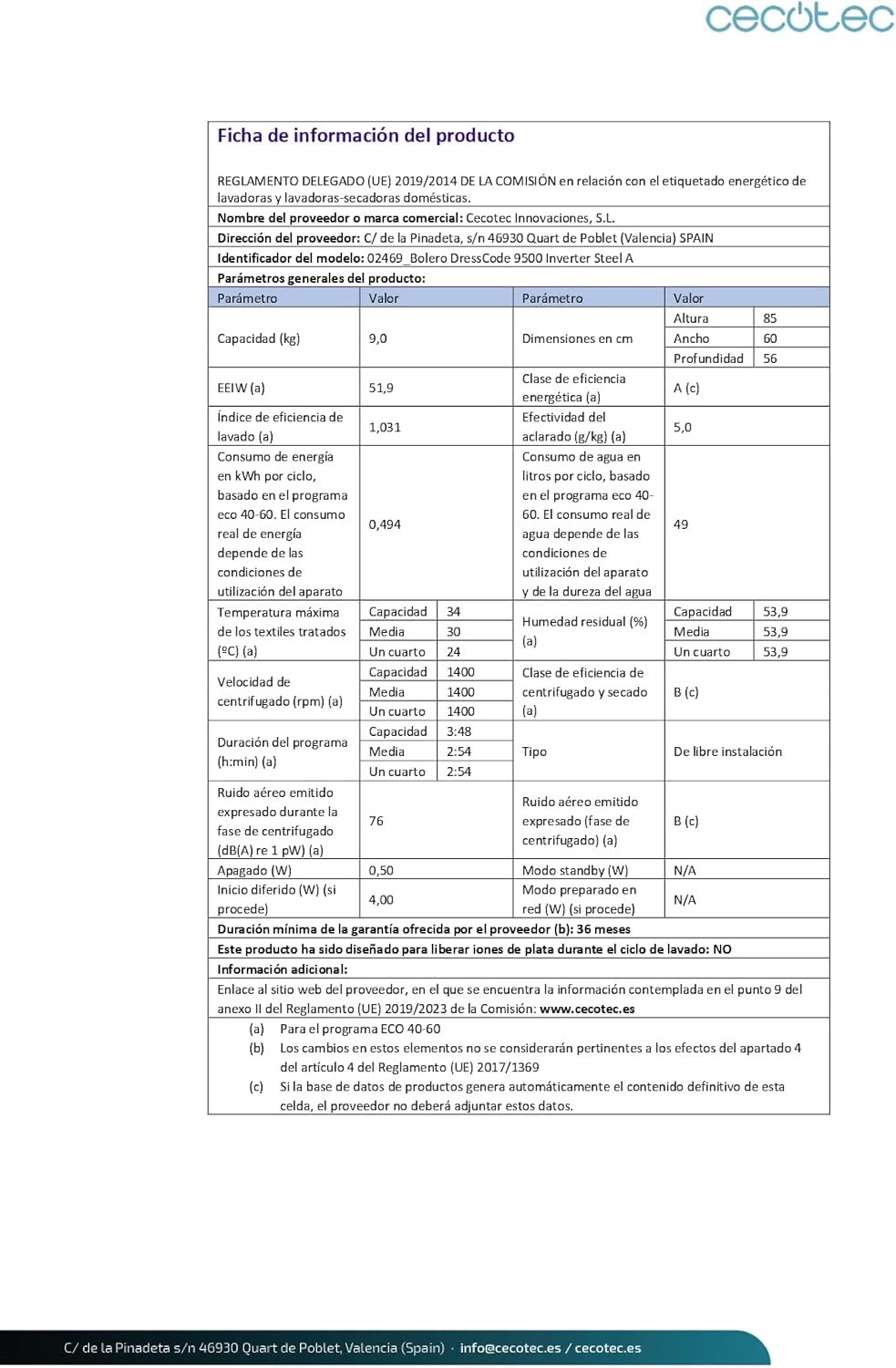 Cecotec - Bolero Dresscode 9500 - 9 kg, frontal, 16 programmes, inverter, acier