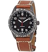 Montre Swiss Army avec cadran noir, chiffres arabes, bracelet en cuir marron et lunette tachymétrique foncée.