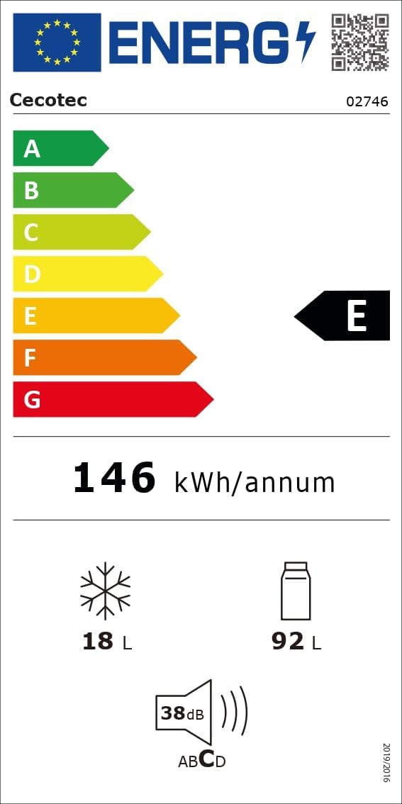 Cecotec - Bolero CoolMarket TT - 110L - mini frigo rétro, classe E, éclairage LED, poignée chromée, étagères verre, roug