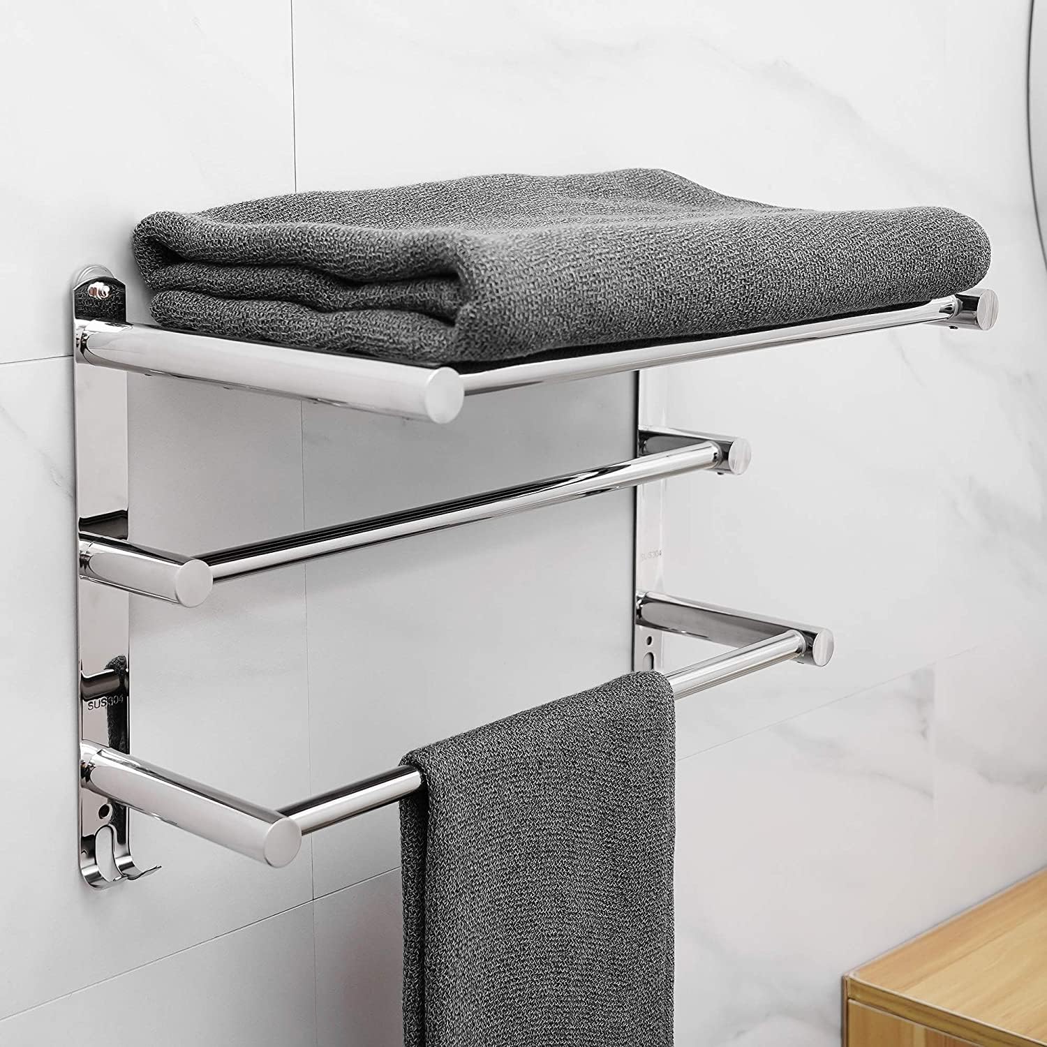 Porte-serviettes mural rétractable, inox, sans perçage, 2 niveaux, 50cm