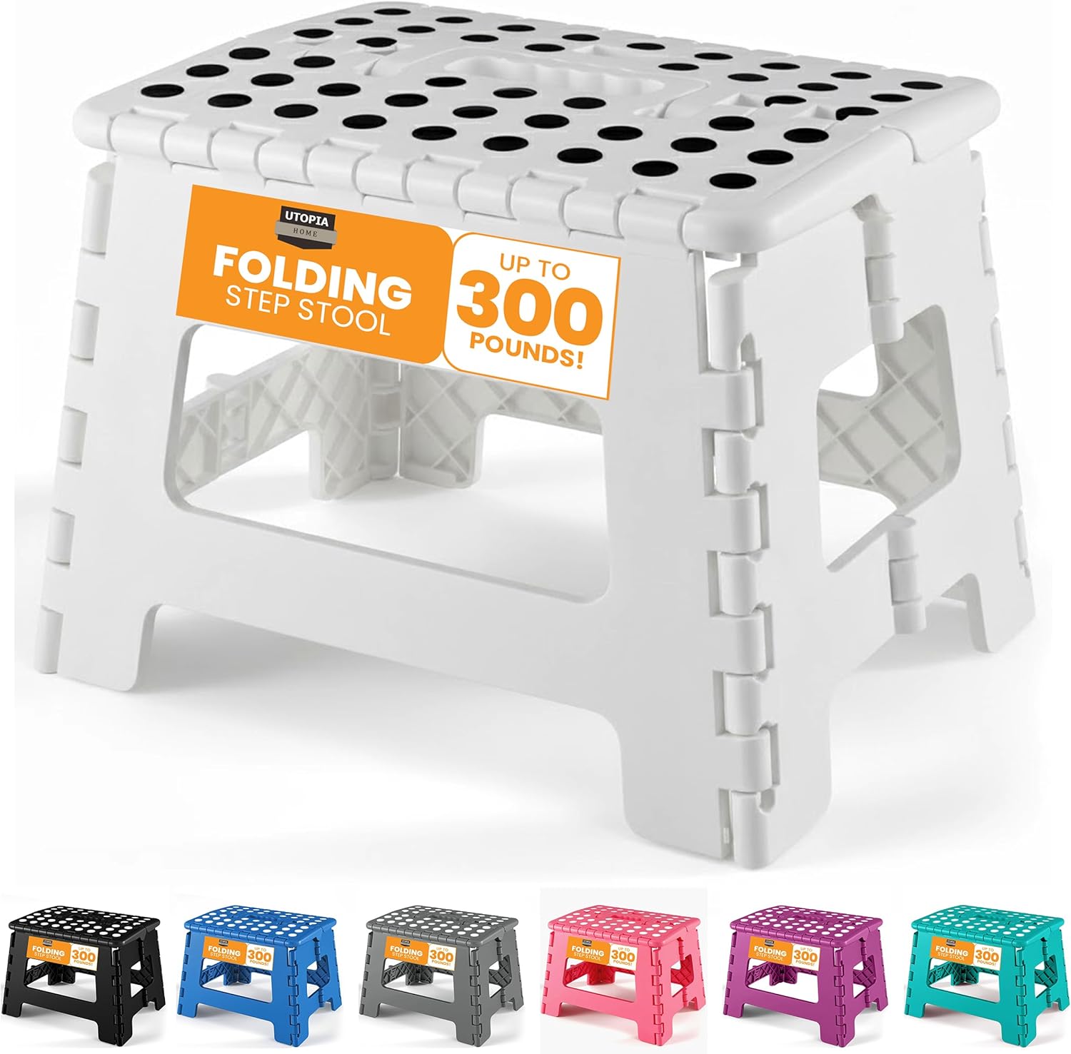Utopia Home - Tabouret pliant 23 cm - surface antidérapante, portable, 272 kg, blanc