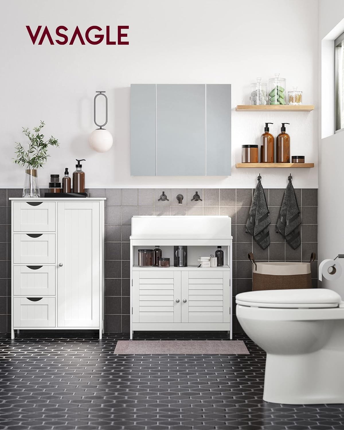 VASAGLE - meuble salle de bain à tiroirs, 30x55x82cm, blanc, LHC41W