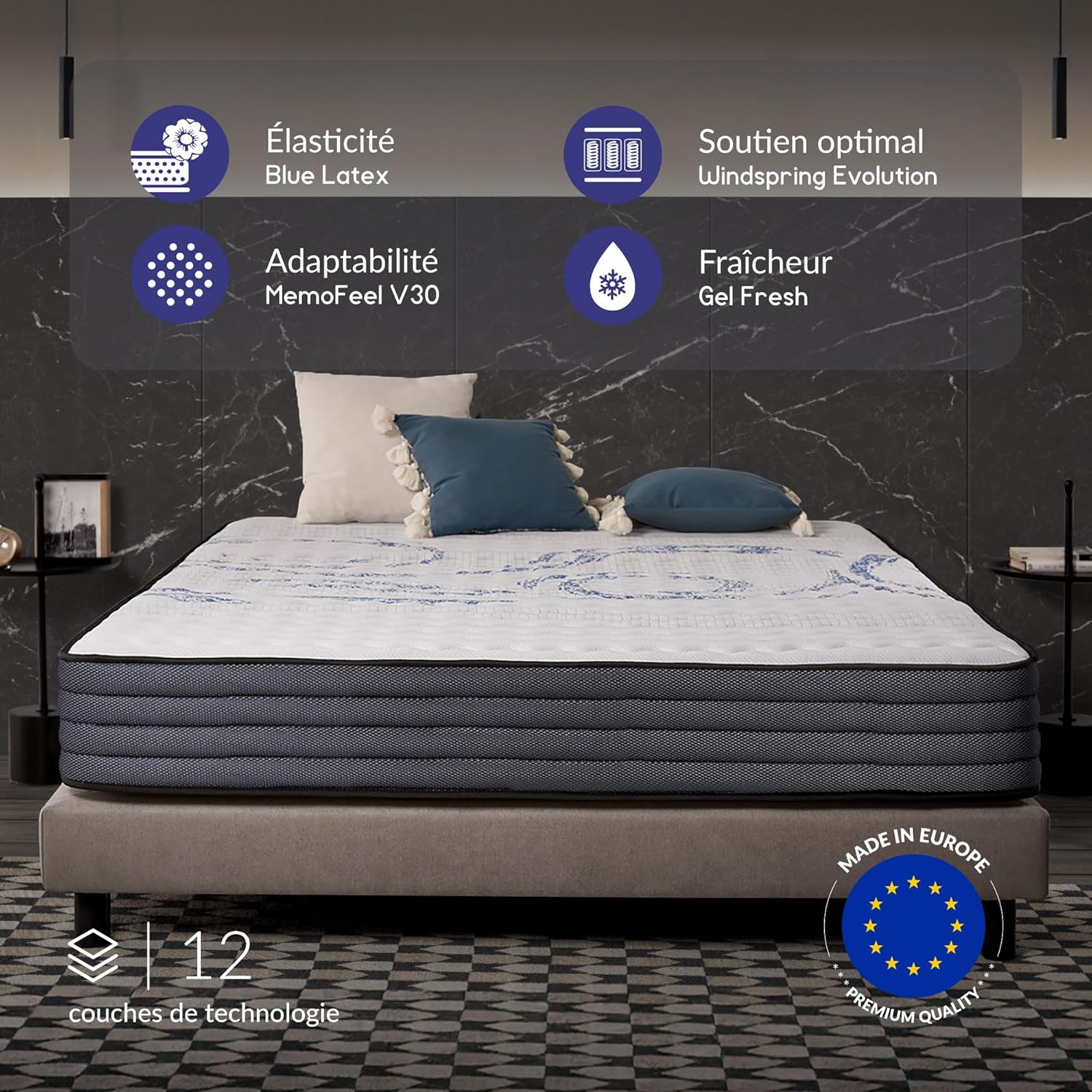NATURALEX - PerfectSleep - 180x200 cm - hybride mémoire de forme, ressorts, réversible, confort mi-ferme