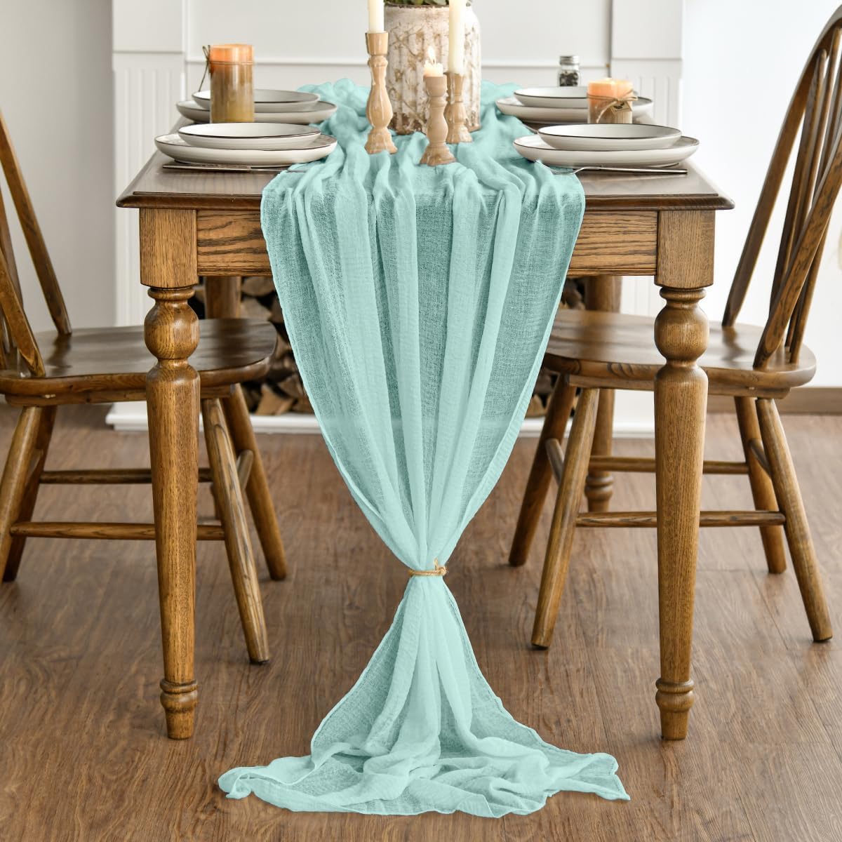 Artoid Mode - Chemin de table Bohème - 300 cm - Gaze mousseline menthe, décoration événements
