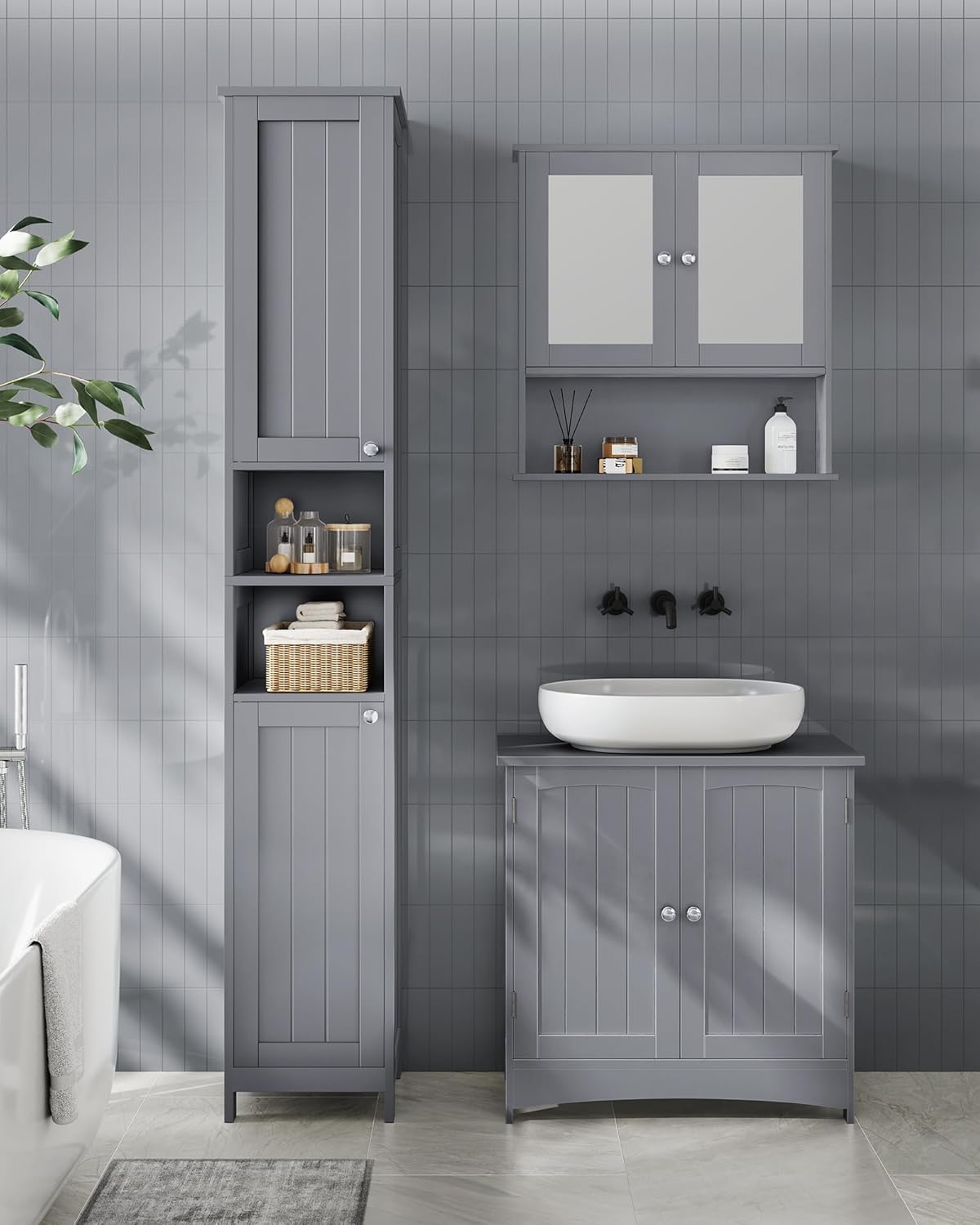 VASAGLE - Armoire haute salle de bain, étagères réglables, éclairage, BBC566G03
