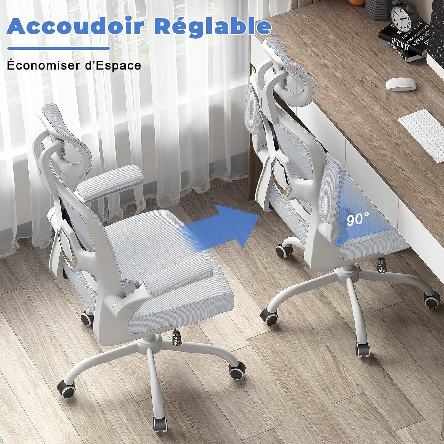 Chaise de Bureau - Ergonomique dossier réglable, appui-tête - maille respirante, support lombaire - gris