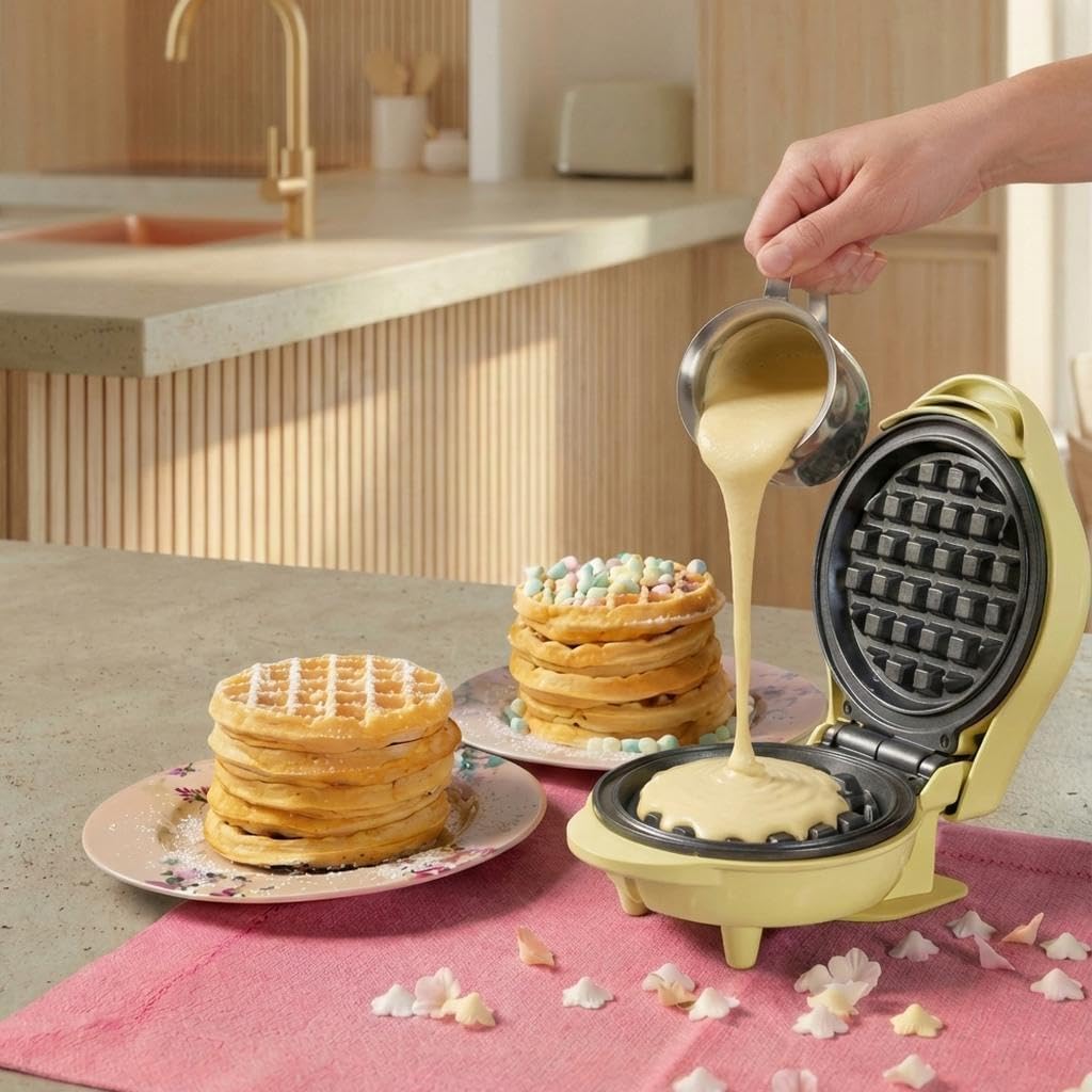Bestron - mini gaufrier rétro jaune - compact - revêtement anti-adhésif