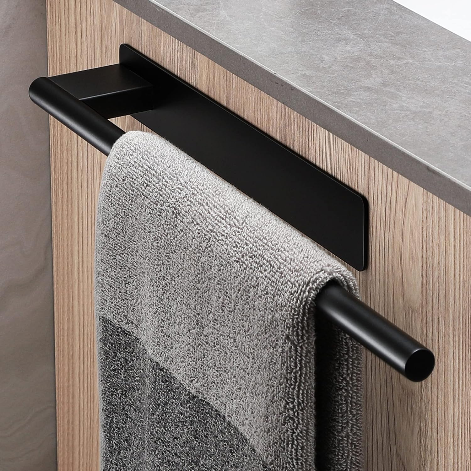 Porte-serviettes salle de bain - adhésif, inox noir, un bras, sans perçage