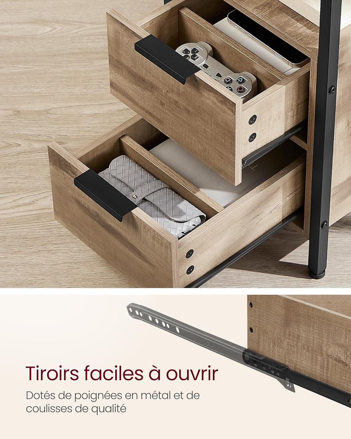 VASAGLE - table d’appoint, 2 tiroirs, multiprise, rangement, 35x30x60 cm, LET325K01