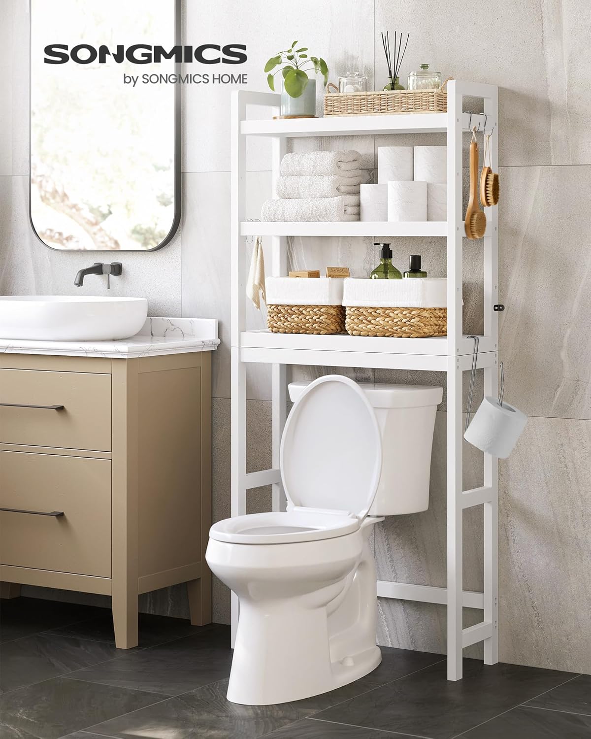 SONGMICS - étagère WC (BTS01WT) - 3 niveaux, réglable, gain de place