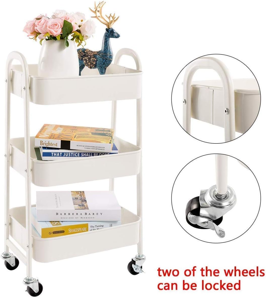 DOEWORKS - chariot métal 3 niveaux, roulettes, blanc, rangement cuisine