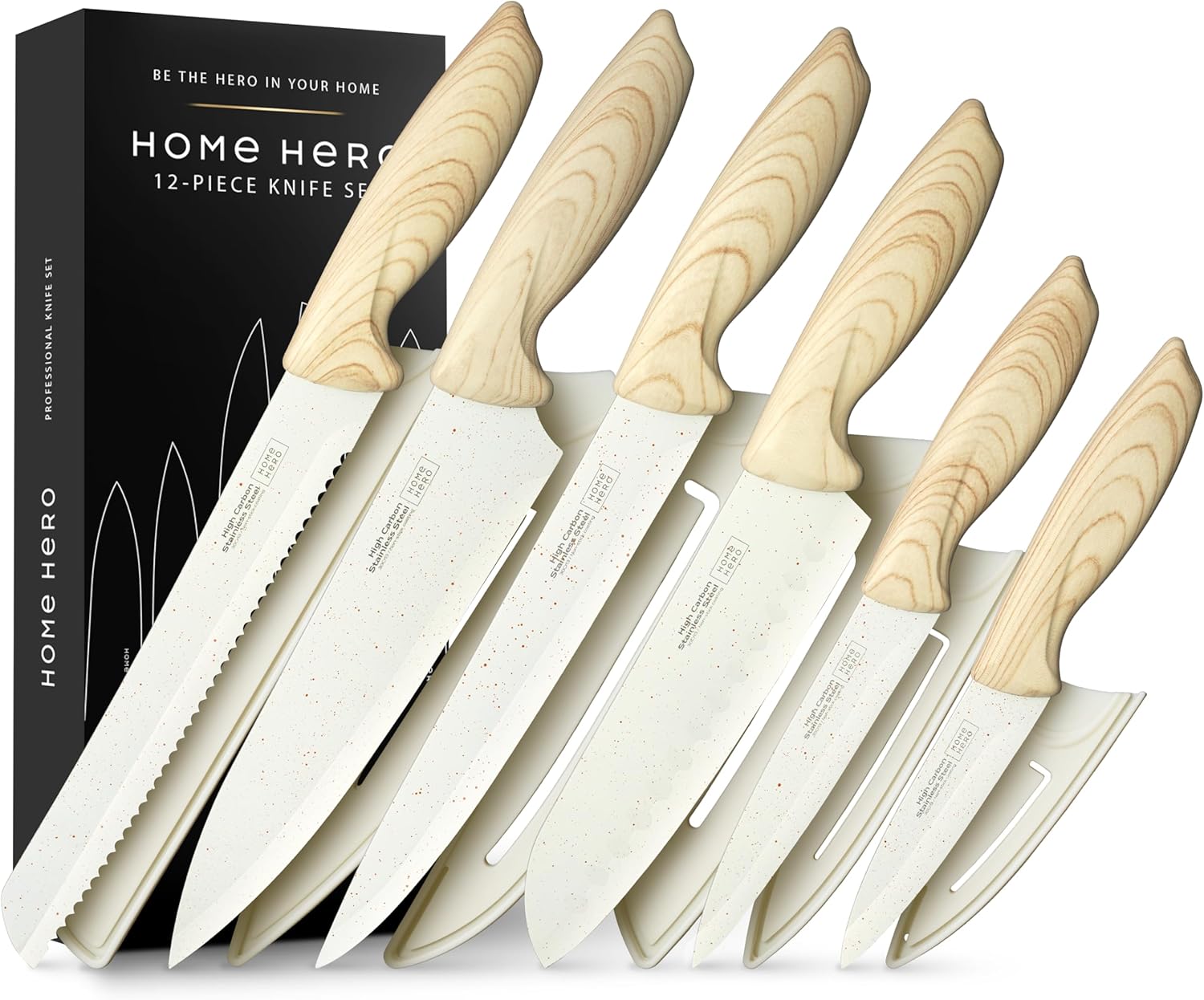 Home Hero - Bloc de couteaux 12 pièces crème - inox carbone, poignées ergonomiques