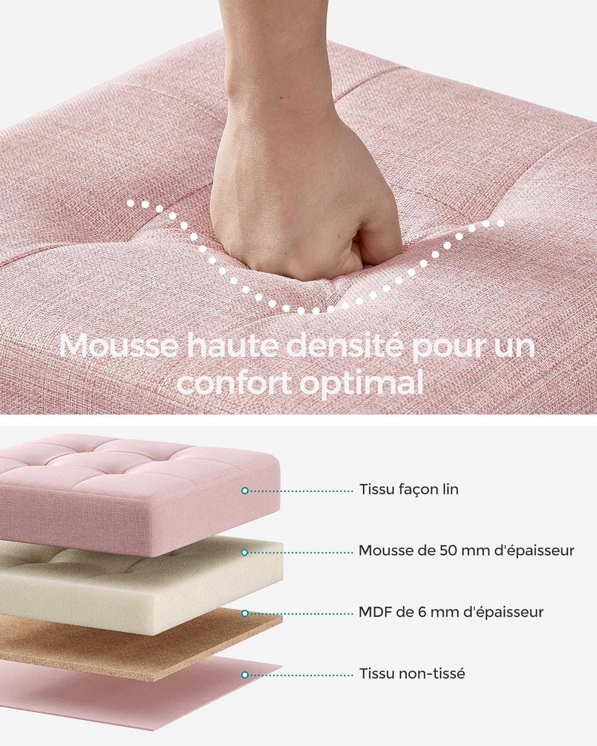 SONGMICS - tabouret pliable 38x38x40 cm, repose-pieds, 300 kg, rangement, Rose Bonbon LSF014P11