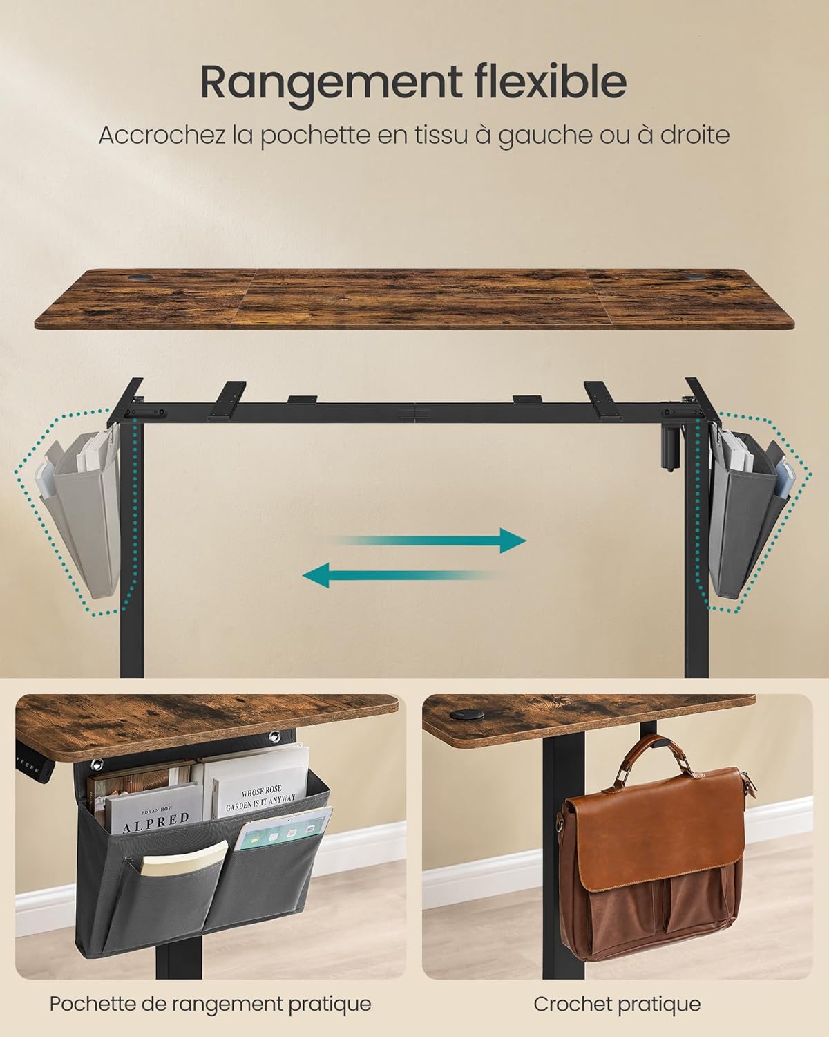 SONGMICS - Bureau réglable série LSD - 160x70 cm, mémoire 4 hauteurs, marron/noir - LSD136K01
