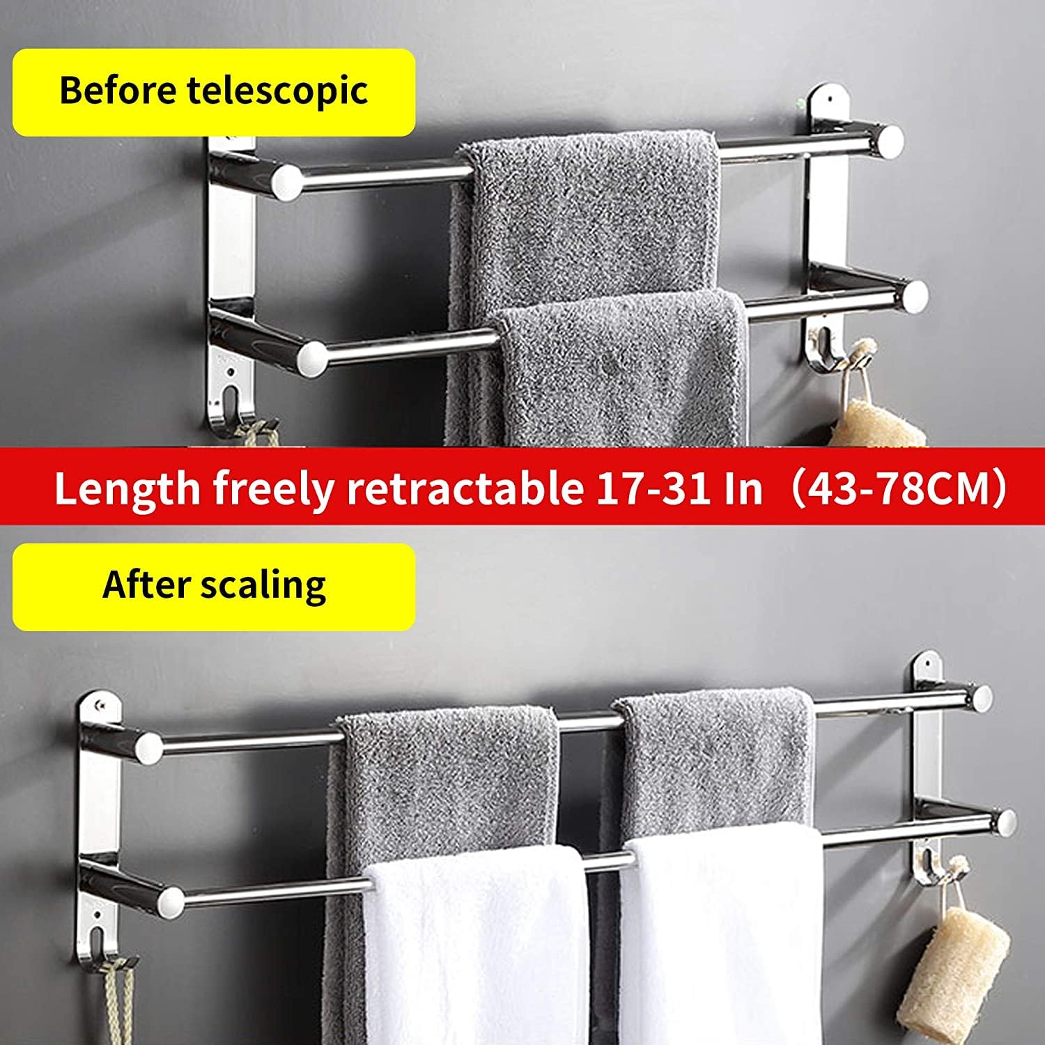 Porte-serviettes salle de bain 2 niveaux, inox, rétractable, mural, argent