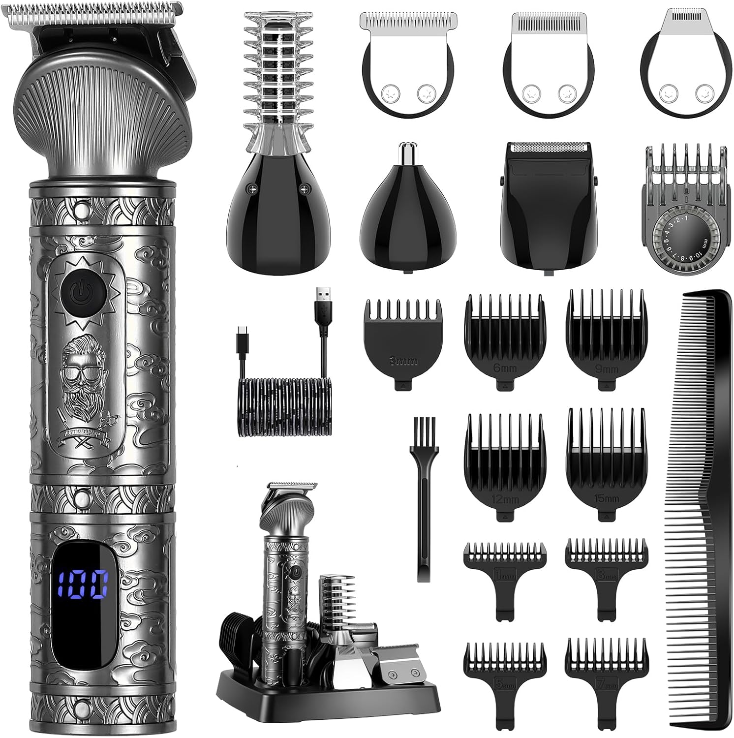 Surker – Tondeuse Barbe 7 en 1 – Lame T, coupe 0 mm, précision, gris
