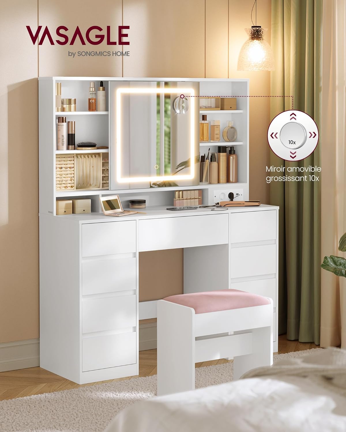 VASAGLE - Kailyn Collection - coiffeuse LED, 9 tiroirs, blanc, RDT137W01