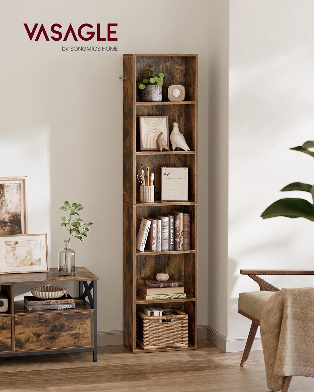 VASAGLE - Bibliothèque 6 niveaux 24x40x178,5 cm, rangement ouvert, marron rustique LBC167K01