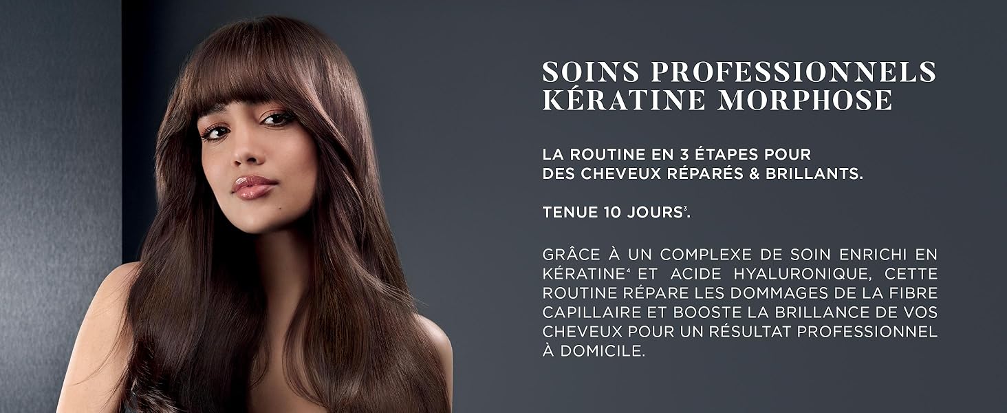Le texte indique « SOINS PROFESSIONNELS KERATINE DISCIPLINE ». Publicité de produits capillaires professionnels mettant en vedette des coiffures longues et raides et foncées.