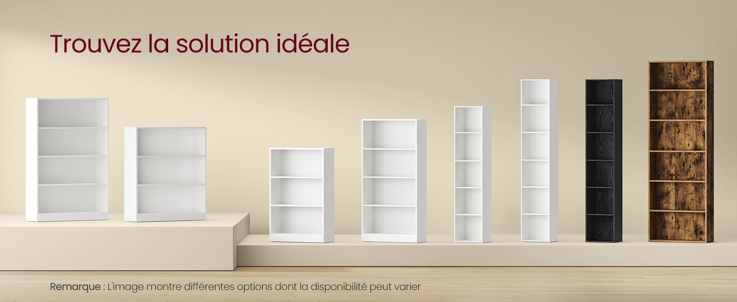 Ensemble de huit bibliothèques de différentes tailles et couleurs, y compris des finitions en blanc, noir et bois. Les étagères varient en hauteur et en largeur, offrant des options de rangement