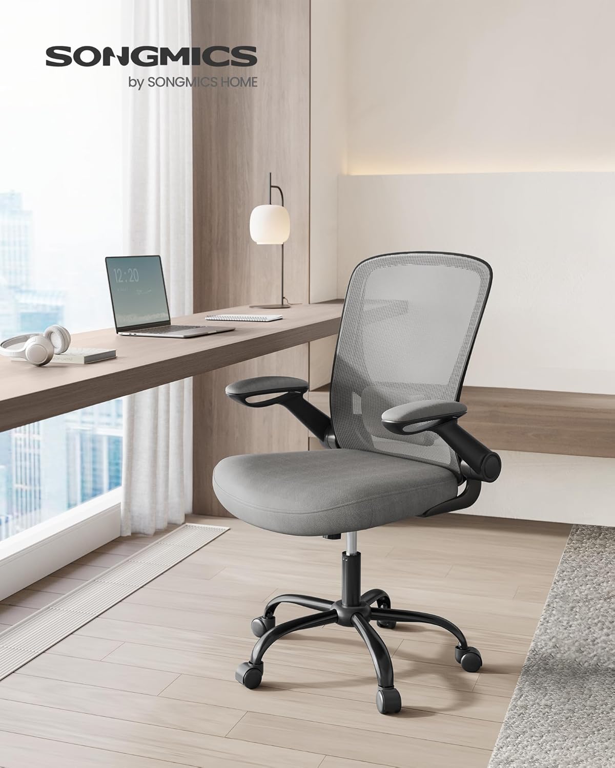 SONGMICS - Chaise bureau ergonomique, 53cm, support lombaire, accoudoirs rabattables, OBN037G01