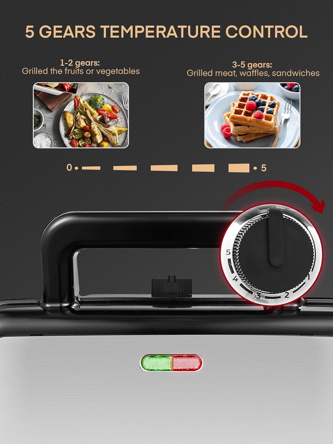 FOHERE - Gaufrier 3 en 1 - 1200W - 5 vitesses, plaques amovibles, surface antiadhésive