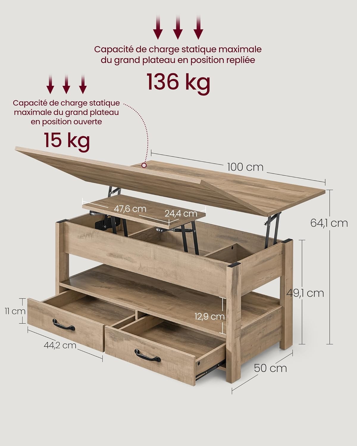 VASAGLE - table basse relevable série LCT - tiroirs, gaz, marron camel - LCT254L01
