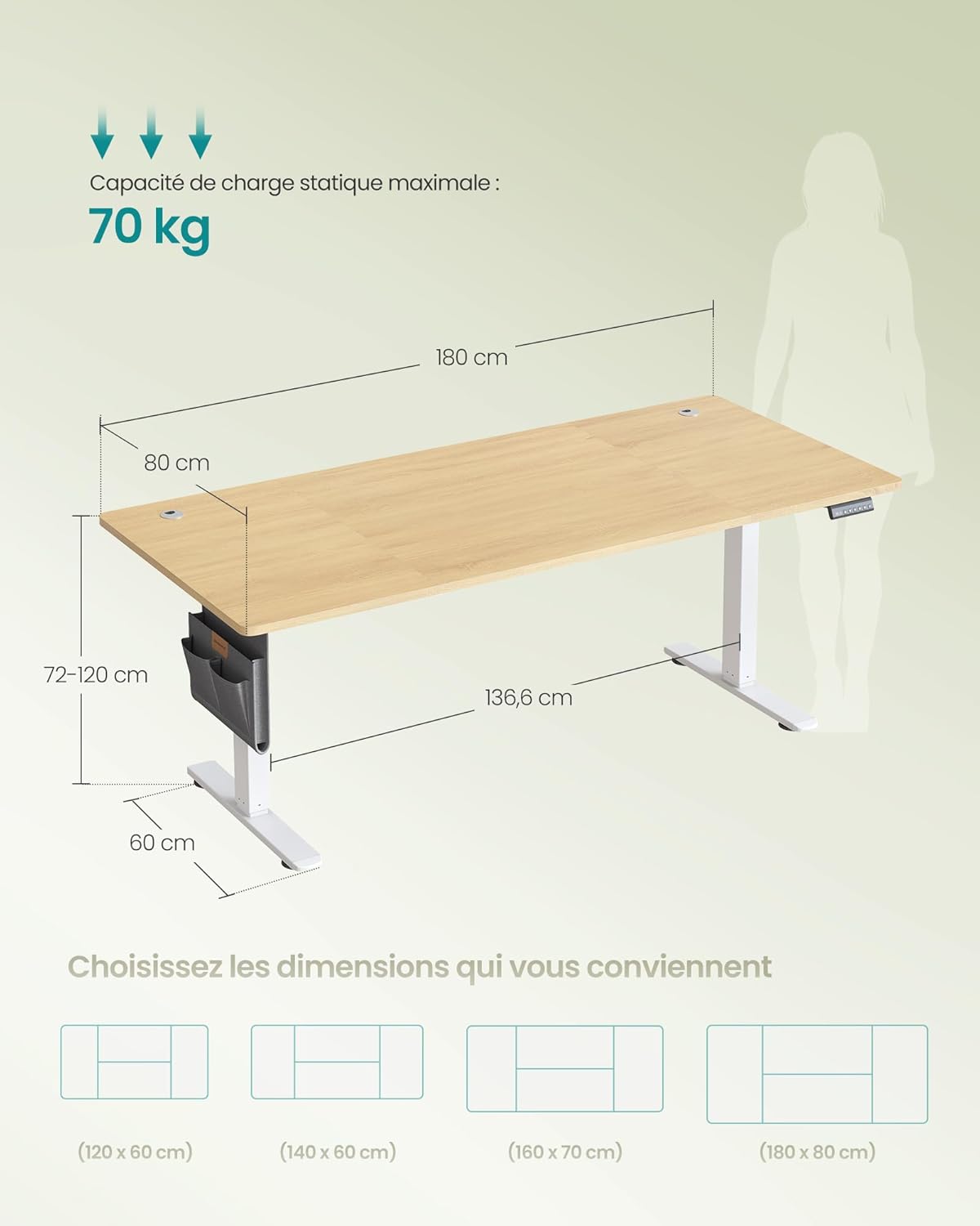 SONGMICS - bureau électrique assis-debout - 180x80 cm - 4 hauteurs mémoire LSD138YA01