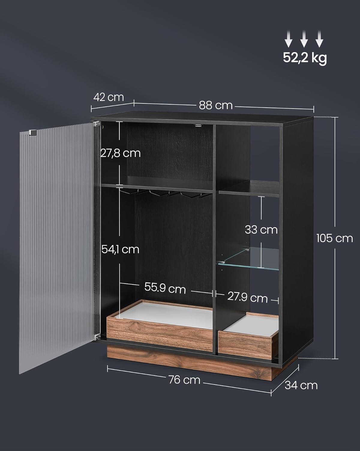 VASAGLE - bar à vin LED, porte-verre, porte vitrée, 100x40x80 cm - BBK361B21