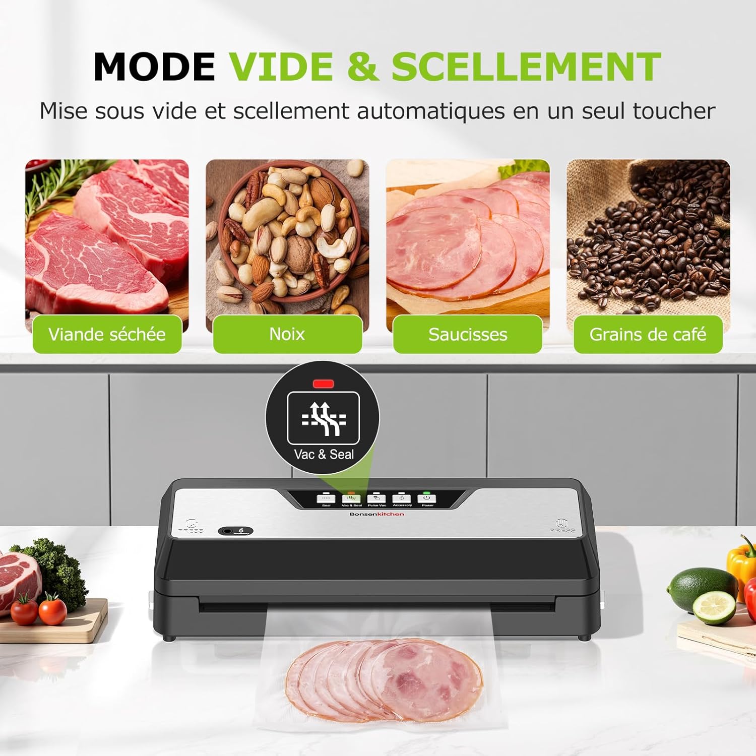 Bonsenkitchen – Machine sous vide – compacte – coupe-sac, rangement, rouleau, 5 sacs