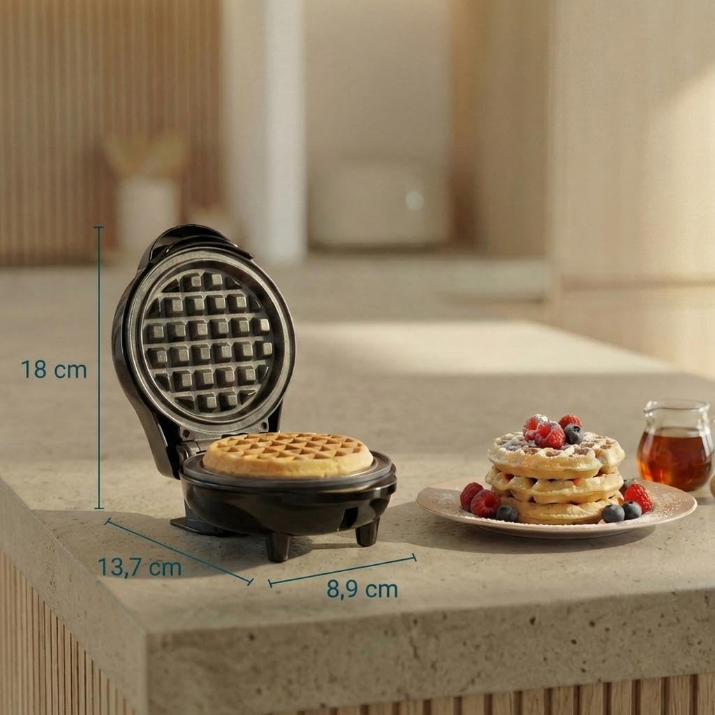 Bestron - Mini gaufrier rétro, noir, compact, antiadhésif, facile à nettoyer
