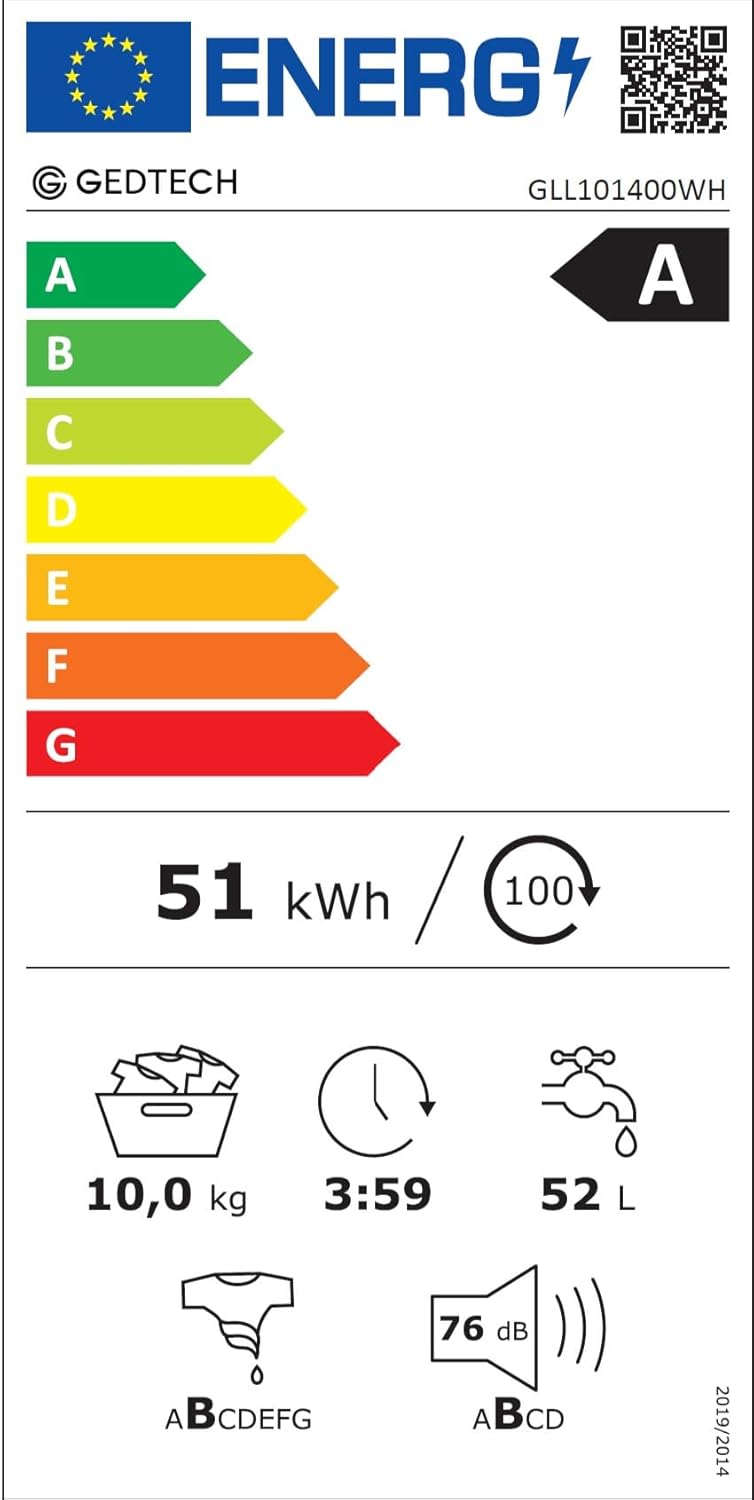 GEDTECH - Lave-linge frontal, 10 kg, 1400 tr/mn, éco, classe A-10% - GLL101400WH