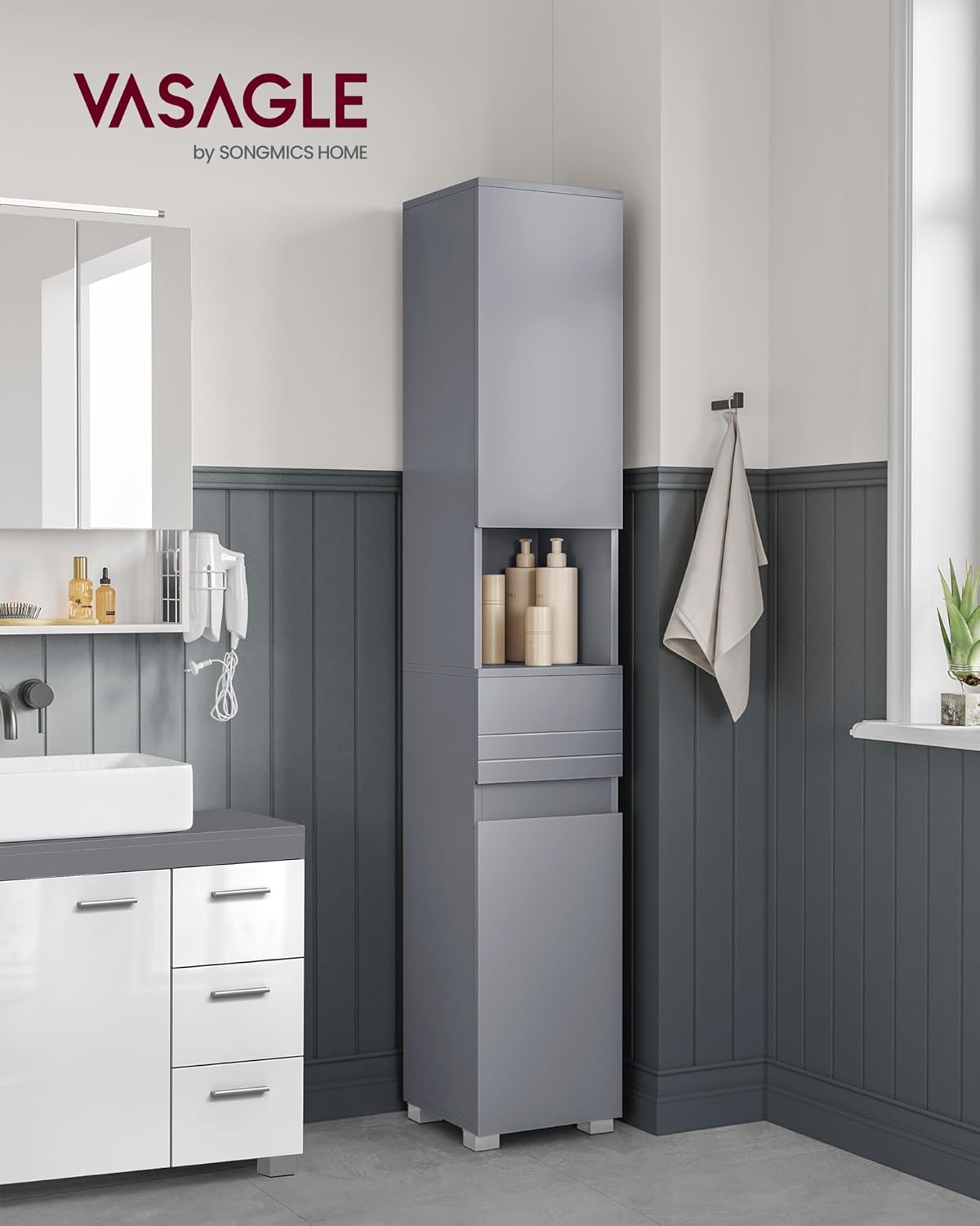 VASAGLE - armoire salle de bain, 30x30x170 cm, tiroir, étagères réglables, BBC560P36