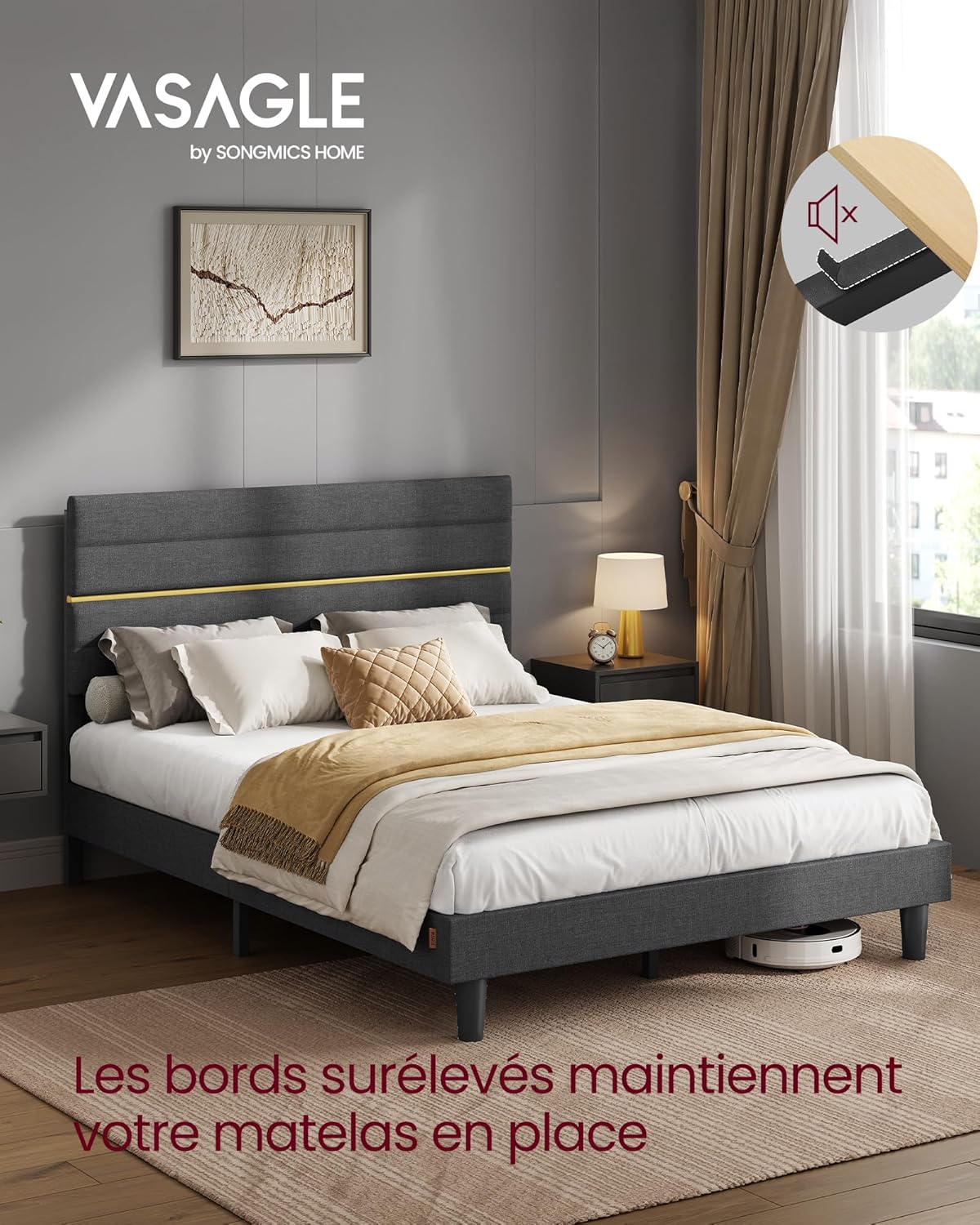 VASAGLE - lit double moderne - 140x200 cm - tête rembourrée réglable, métal et bois gris ardoise RMB504G01