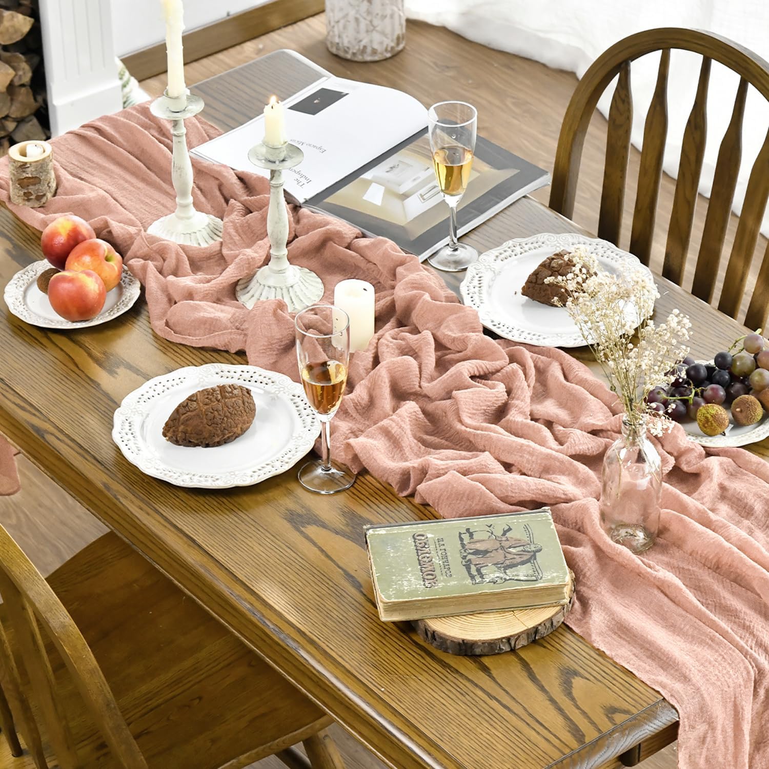 Artoid Mode - chemin de table bohème pêche, 300 cm, gaze mousseline