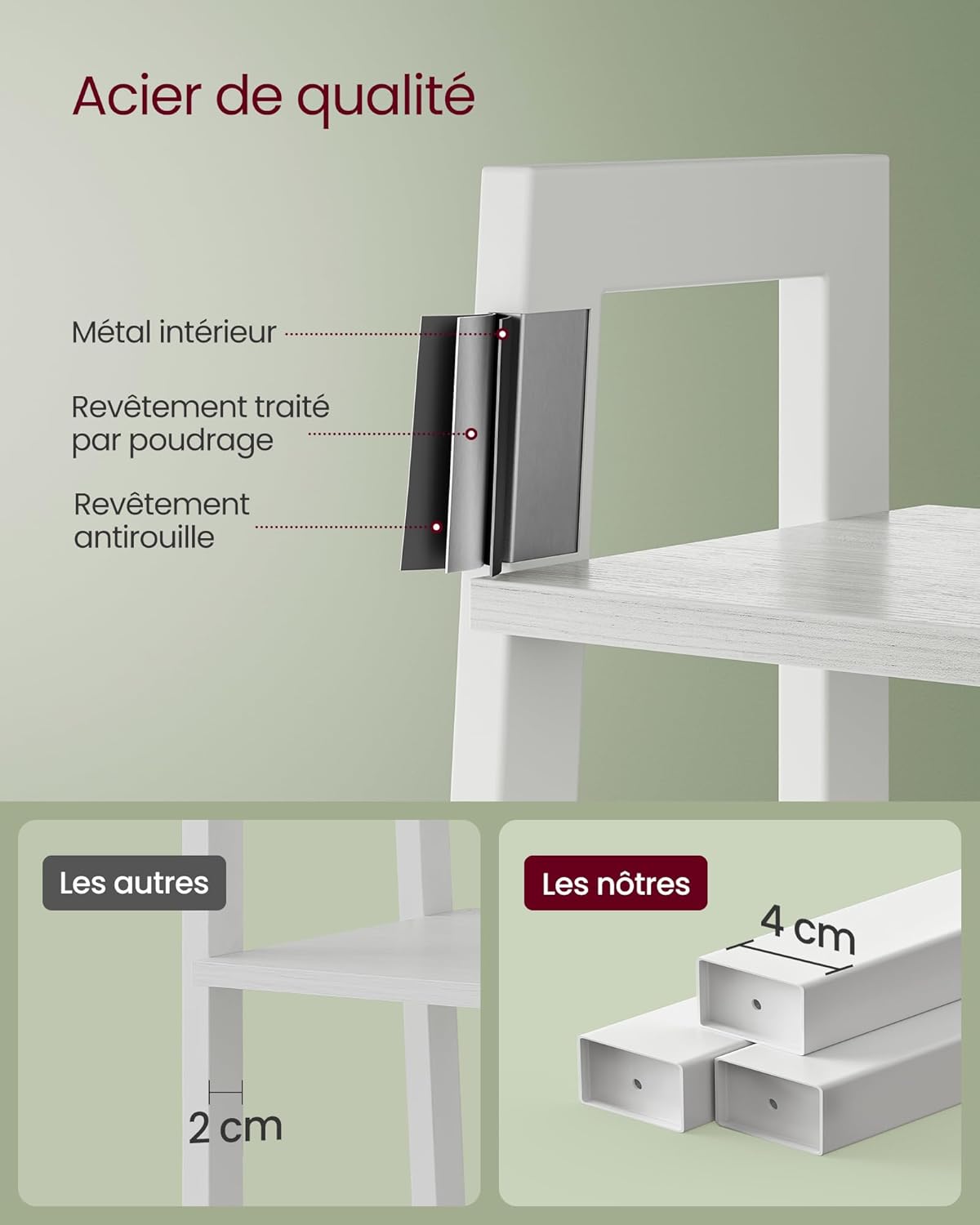 VASAGLE - étagère 4 niveaux rangement acier, blanc érable, LLS044W44